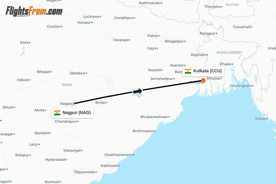 Flights from Nagpur to Kolkata route map