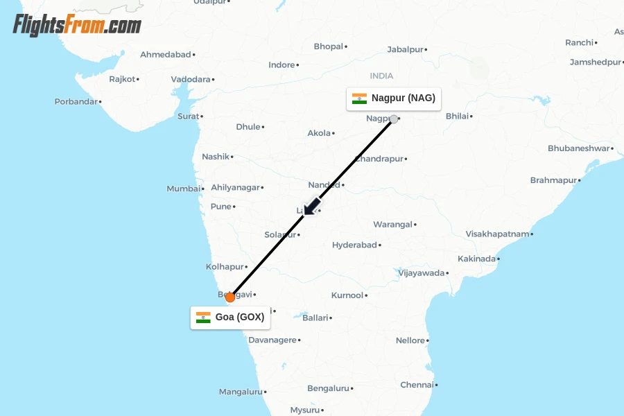 Flights from Nagpur to Goa route map