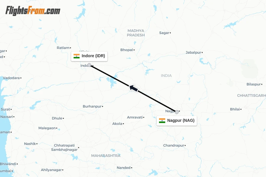 Flights from Nagpur to Indore route map