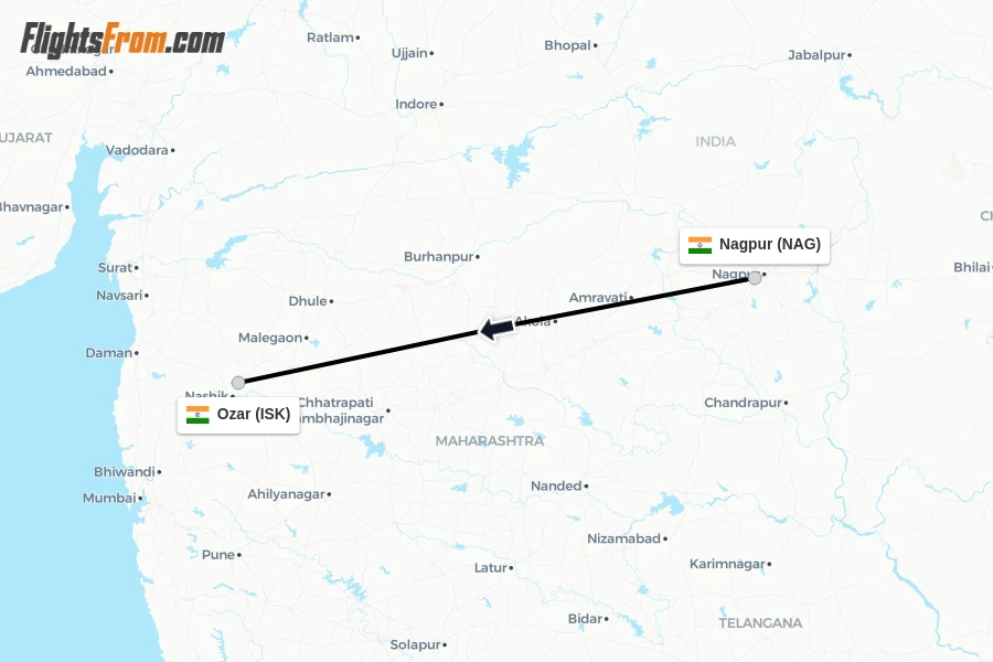 Flights from Nagpur to Ozar route map