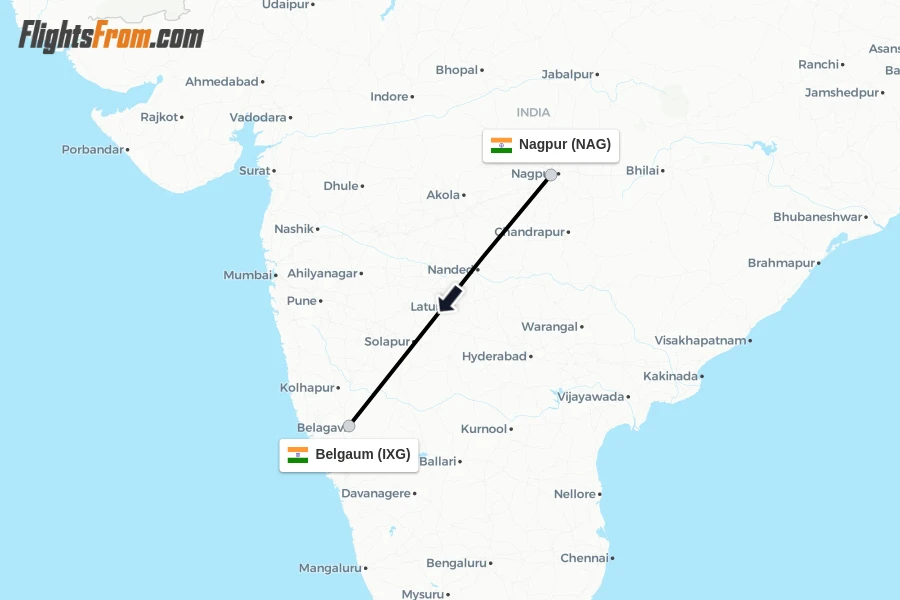 Flights from Nagpur to Belgaum route map