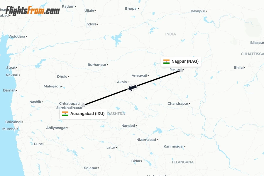 Flights from Nagpur to Aurangabad route map