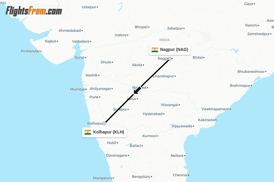 Flights from Nagpur to Kolhapur route map