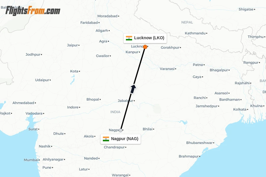 Flights from Nagpur to Lucknow route map