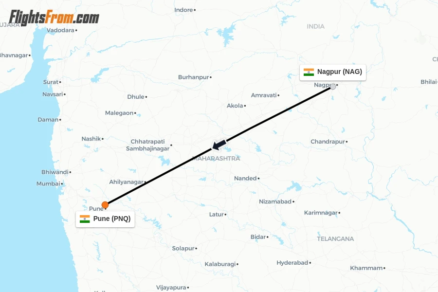 Flights from Nagpur to Pune route map
