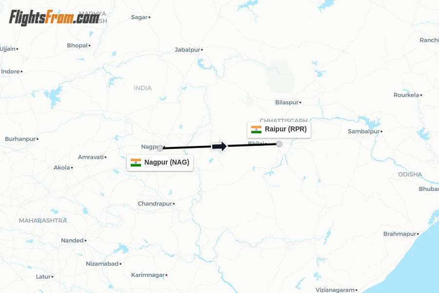 Flights from Nagpur to Raipur route map