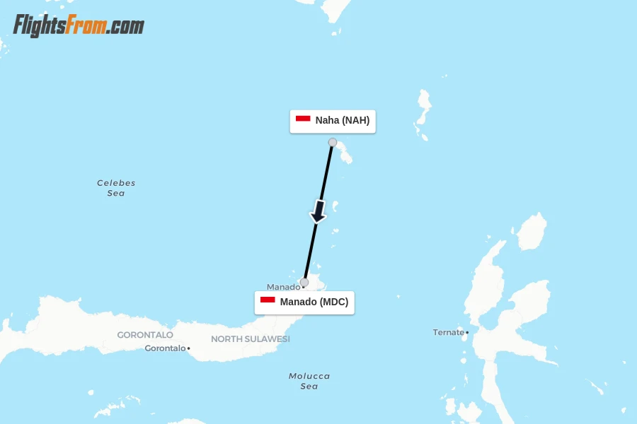 Flights from Naha to Manado route map