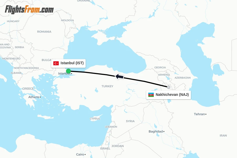 Flights from Nakhichevan to Istanbul route map