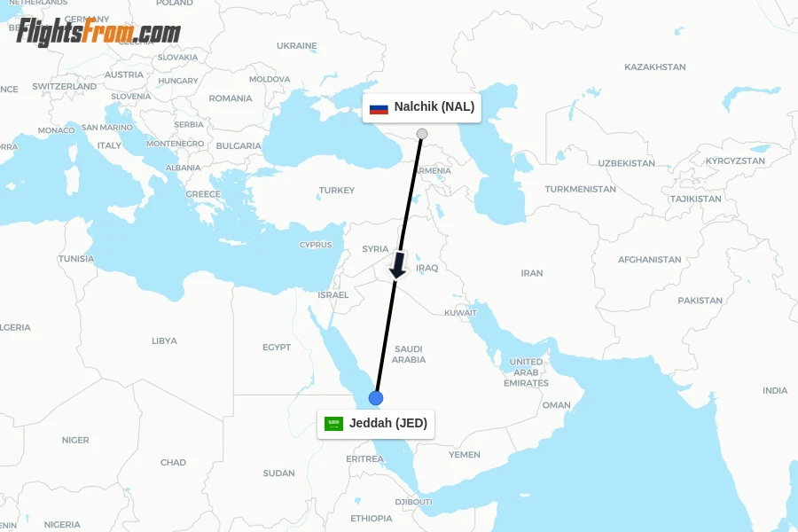Flights from Nalchik to Jeddah route map