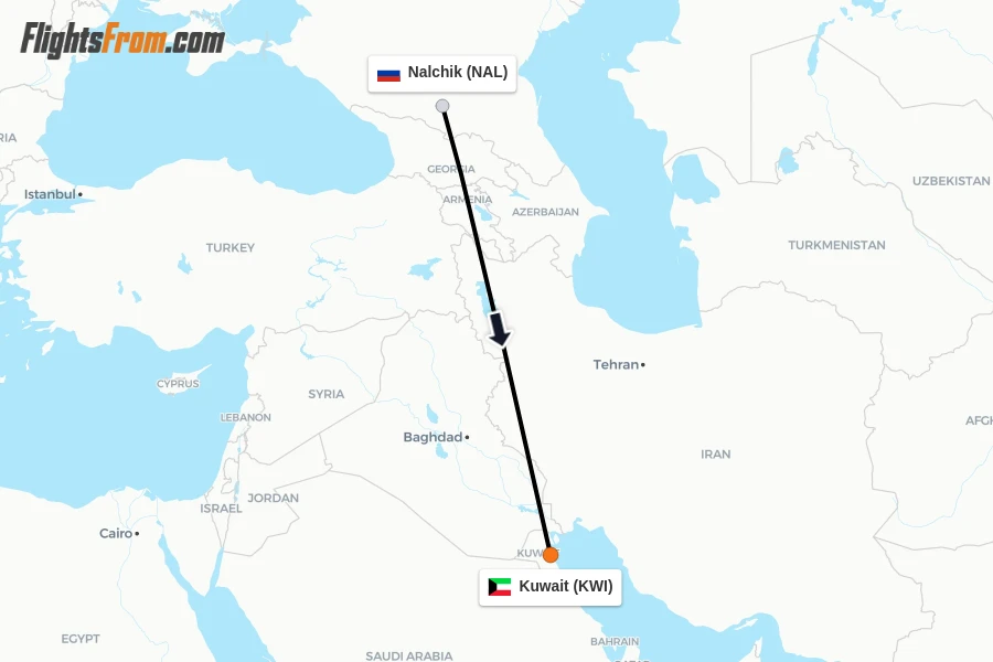 Flights from Nalchik to Kuwait route map
