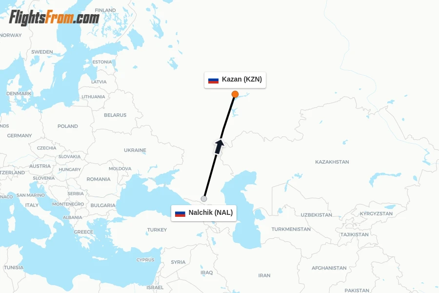 Flights from Nalchik to Kazan route map