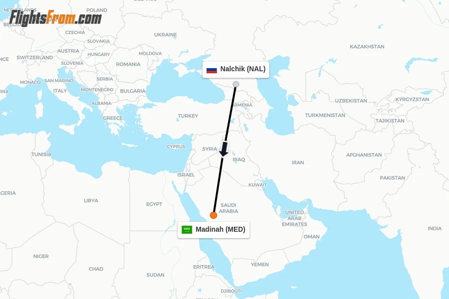 Flights from Nalchik to Madinah route map