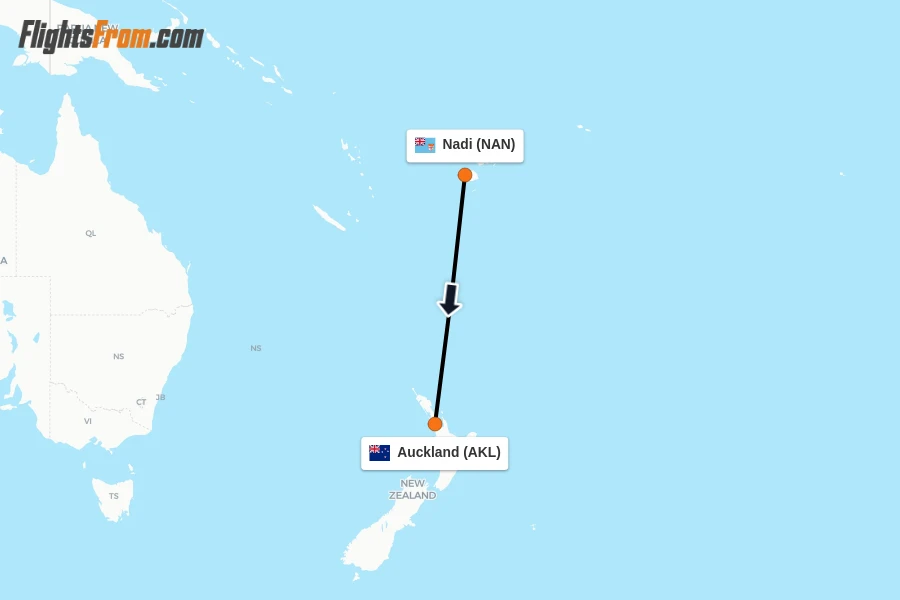 Flights from Nadi to Auckland route map