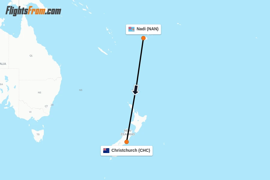 Flights from Nadi to Christchurch route map
