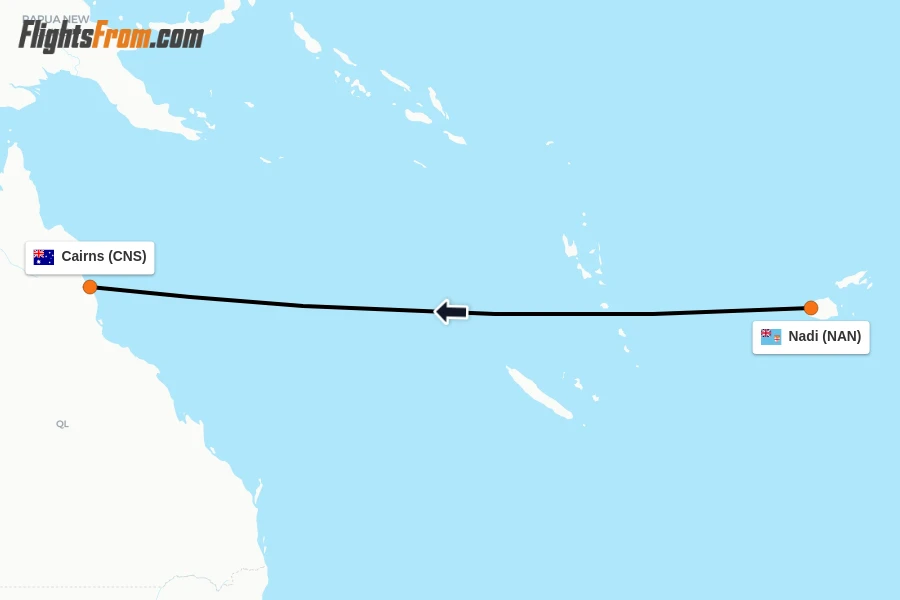 Flights from Nadi to Cairns route map