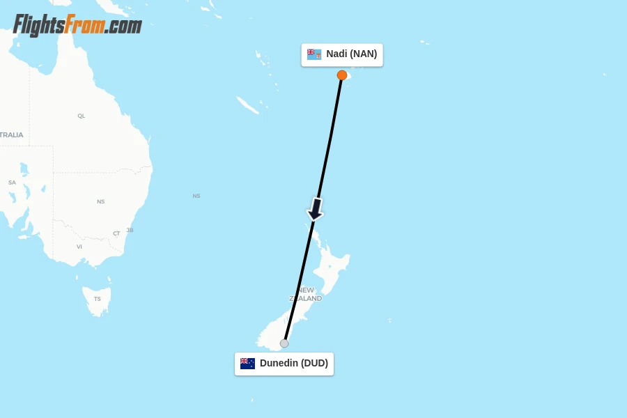 Flights from Nadi to Dunedin route map
