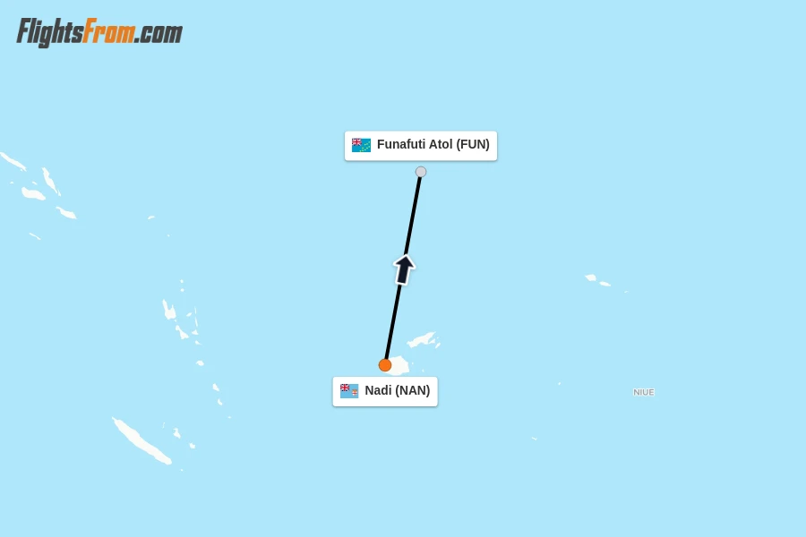 Flights from Nadi to Funafuti Atol route map