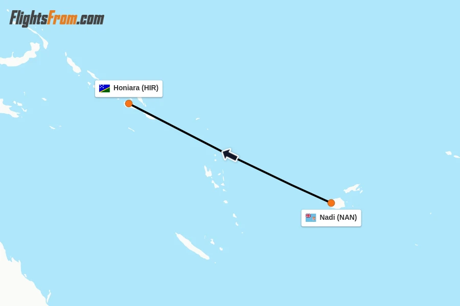 Flights from Nadi to Honiara route map
