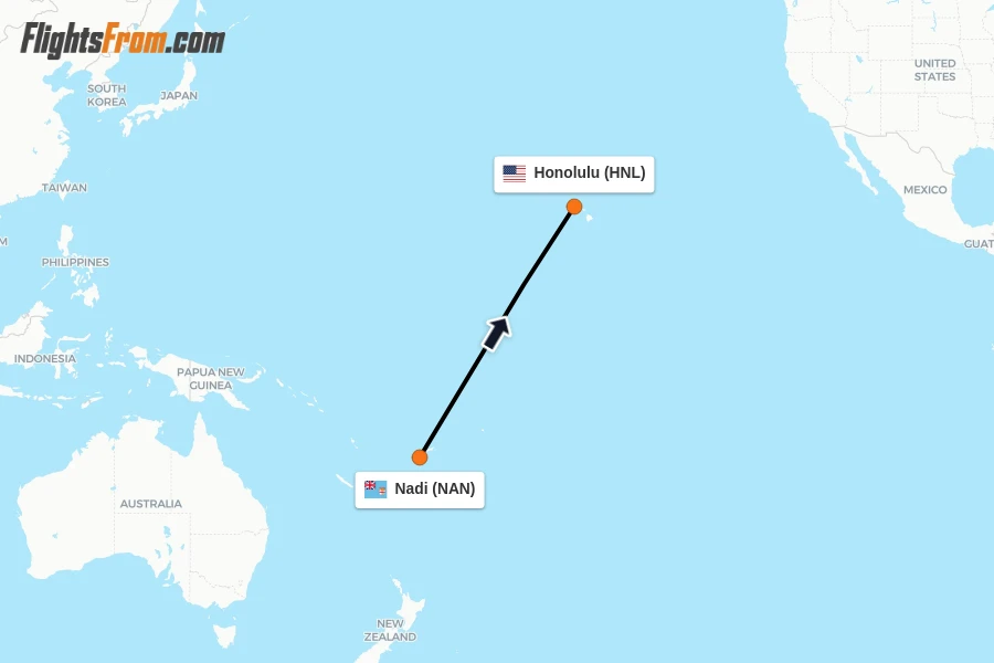 Flights from Nadi to Honolulu route map