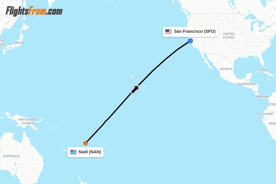 Flights from Nadi to San Francisco route map