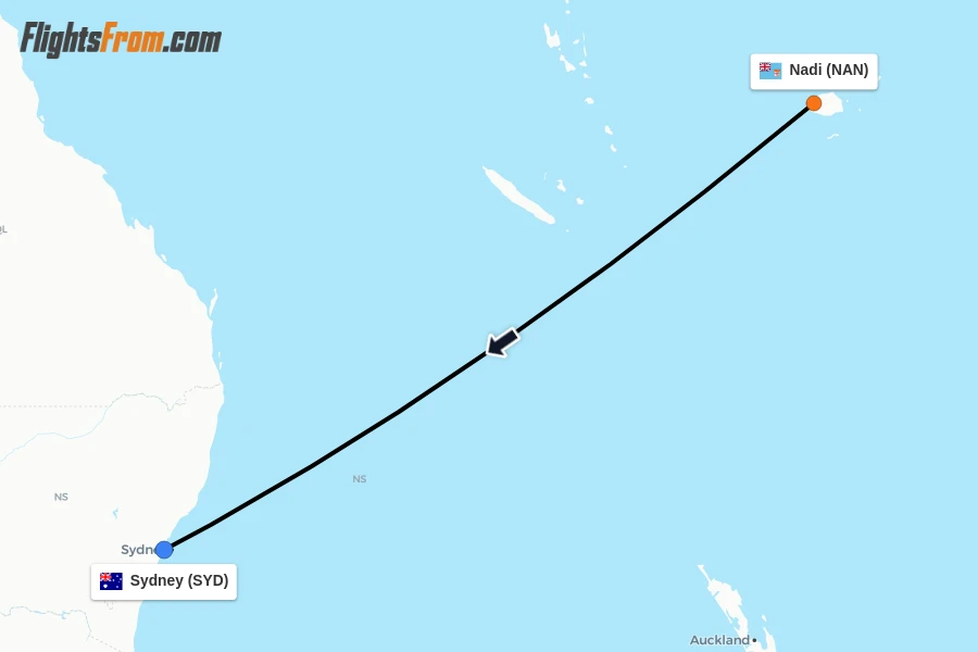 Flights from Nadi to Sydney route map