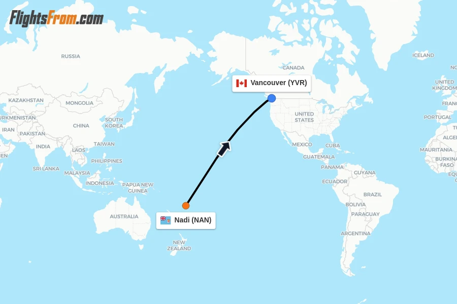 Flights from Nadi to Vancouver route map
