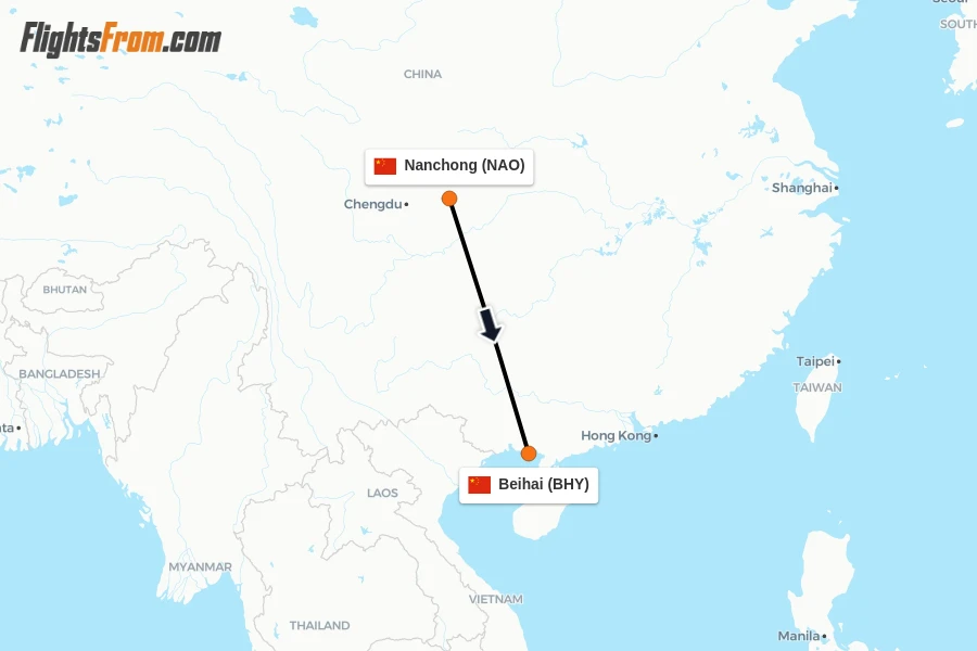 Flights from Nanchong to Beihai route map