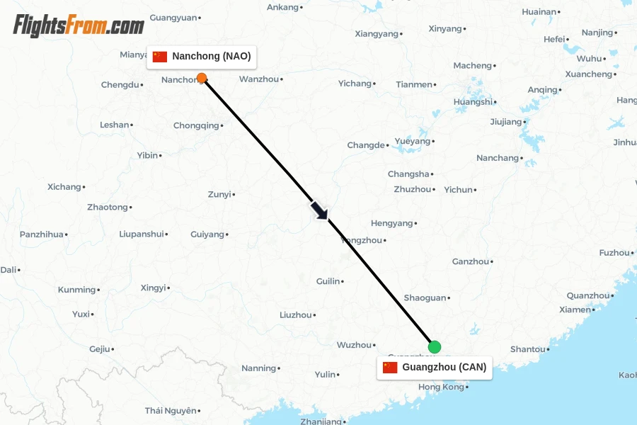 Flights from Nanchong to Guangzhou route map