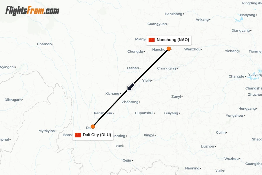 Flights from Nanchong to Dali City route map