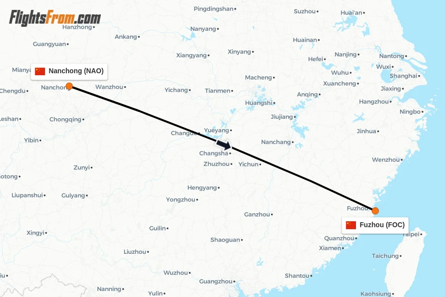 Flights from Nanchong to Fuzhou route map