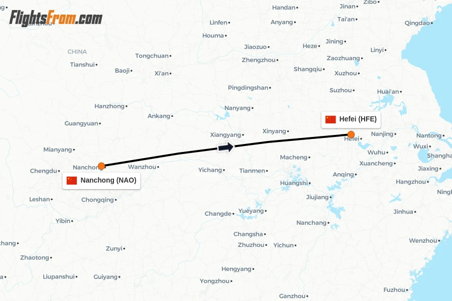 Flights from Nanchong to Hefei route map