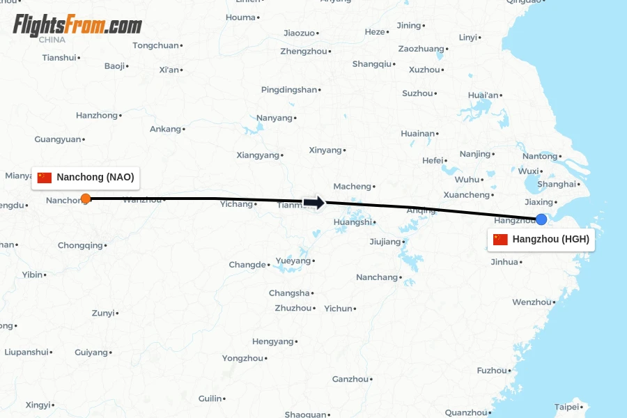 Flights from Nanchong to Hangzhou route map