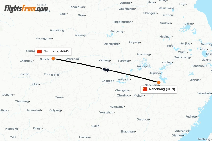 Flights from Nanchong to Nanchang route map