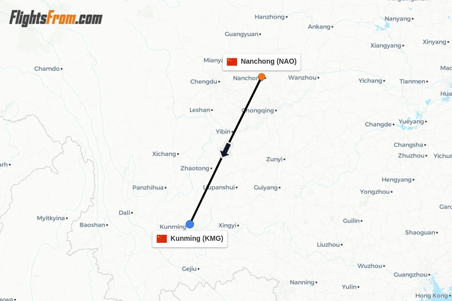 Flights from Nanchong to Kunming route map