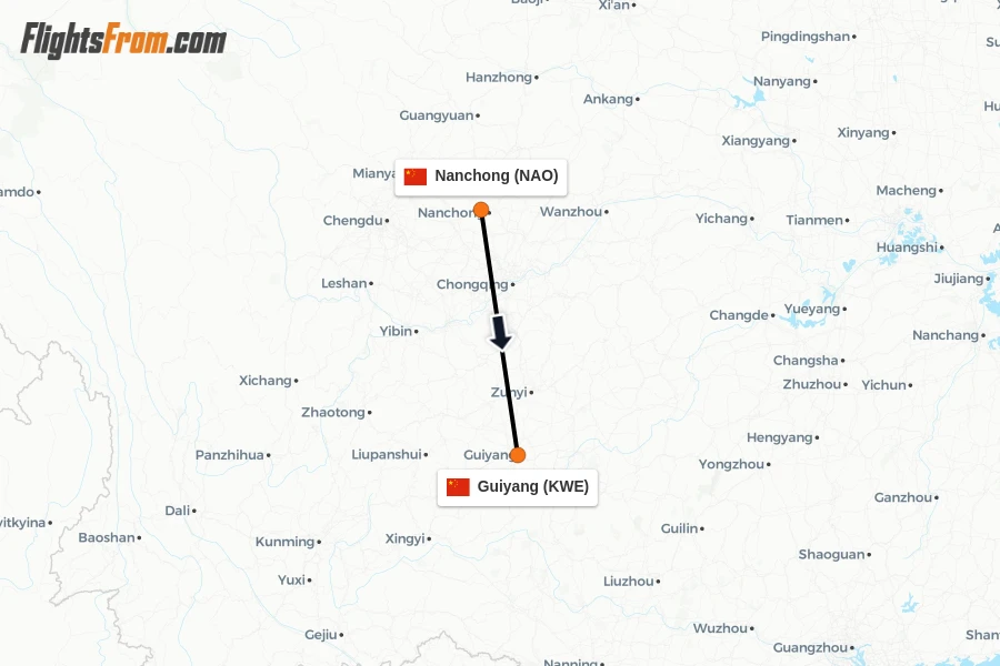 Flights from Nanchong to Guiyang route map