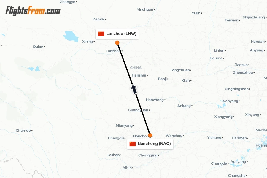 Flights from Nanchong to Lanzhou route map