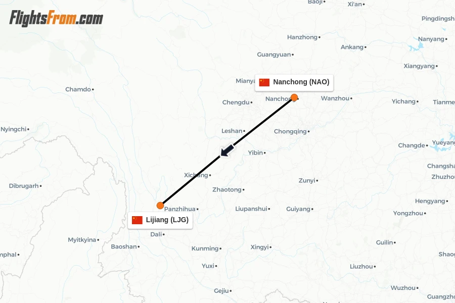 Flights from Nanchong to Lijiang route map