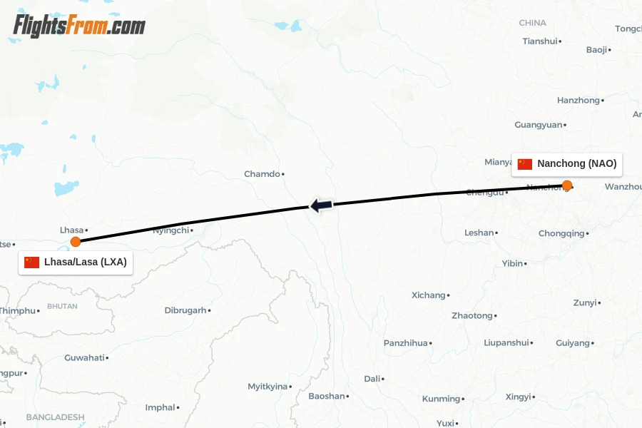 Flights from Nanchong to Lhasa/Lasa route map