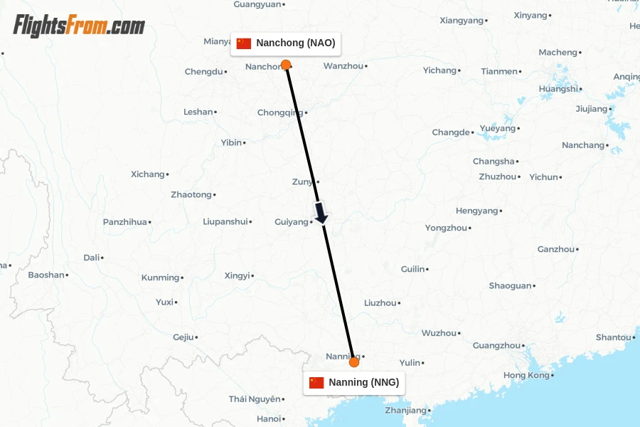 Flights from Nanchong to Nanning route map