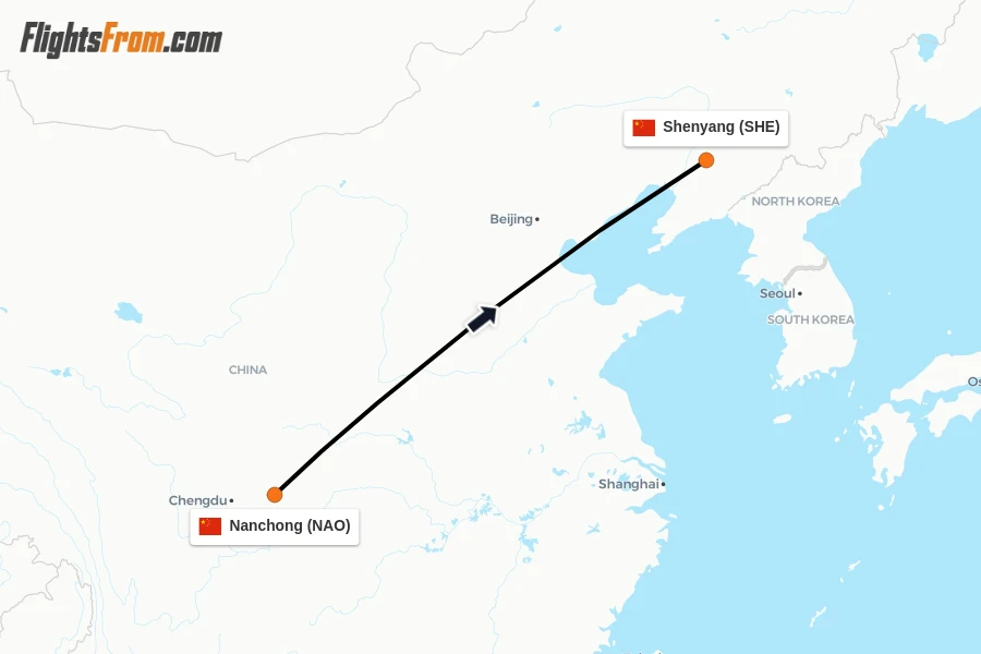 Flights from Nanchong to Shenyang route map