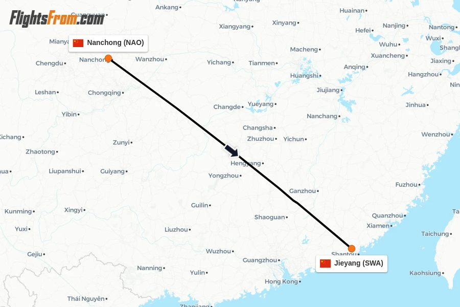 Flights from Nanchong to Jieyang route map