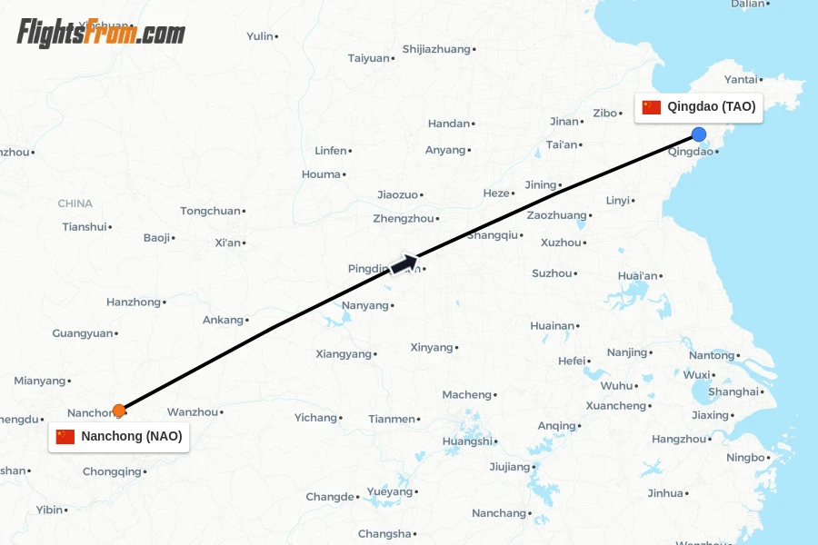 Flights from Nanchong to Qingdao route map