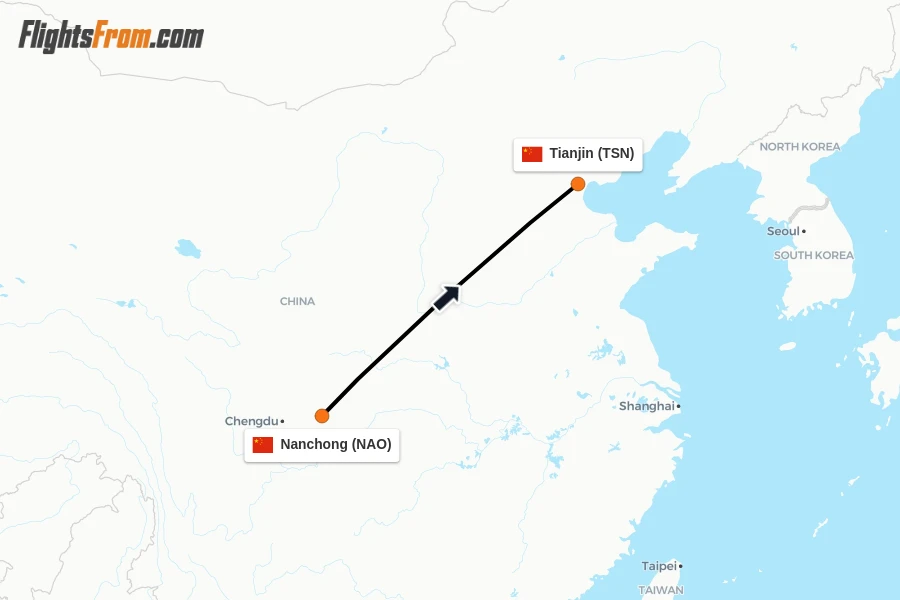 Flights from Nanchong to Tianjin route map