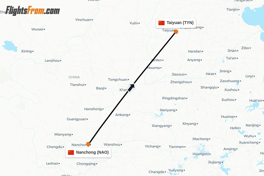 Flights from Nanchong to Taiyuan route map