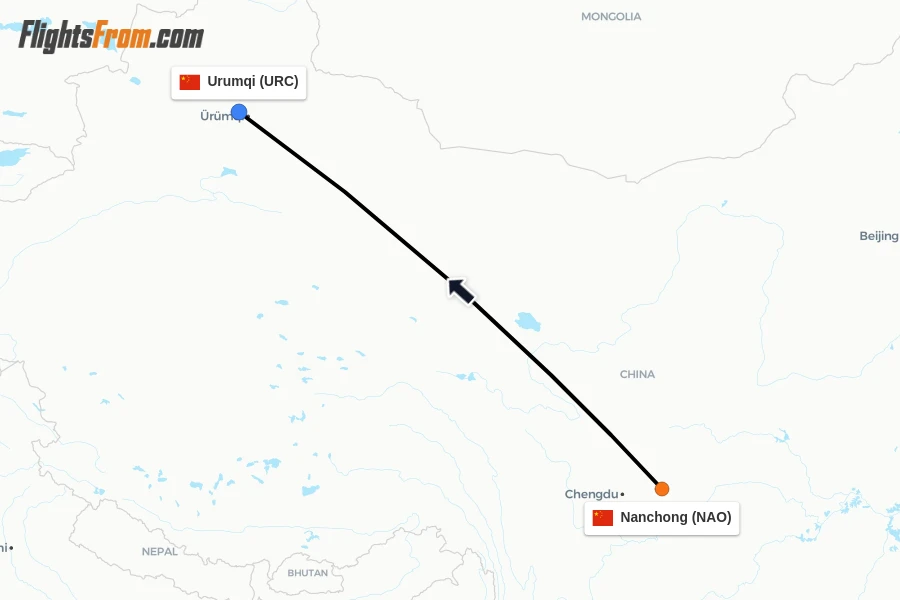 Flights from Nanchong to Urumqi route map
