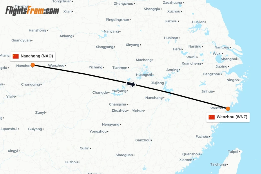 Flights from Nanchong to Wenzhou route map