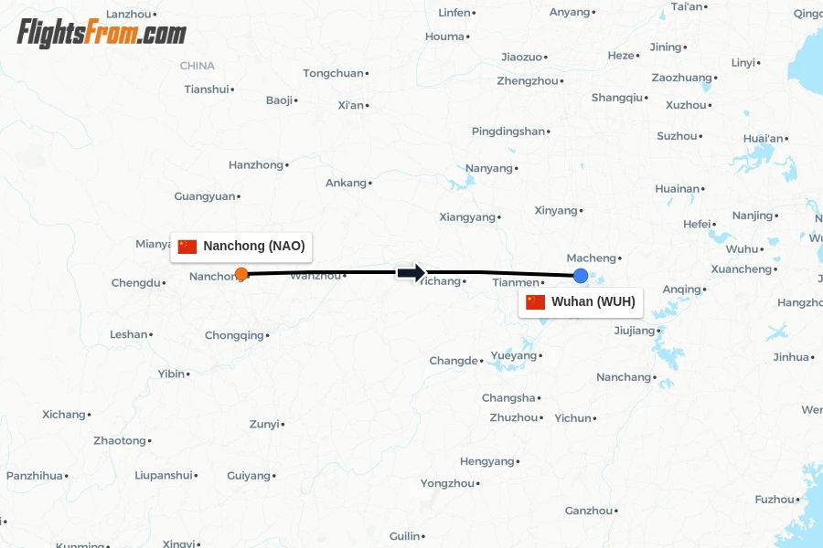 Flights from Nanchong to Wuhan route map