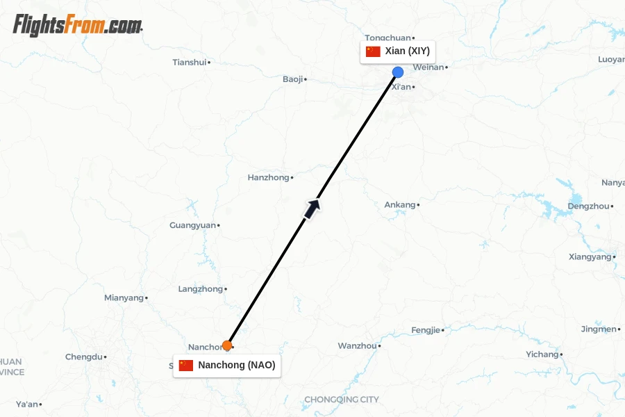 Flights from Nanchong to Xian route map