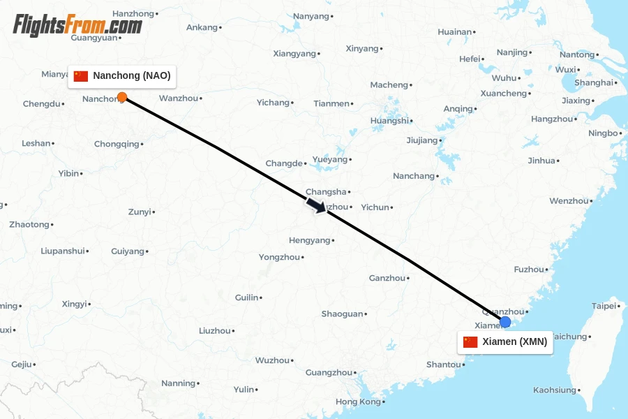 Flights from Nanchong to Xiamen route map