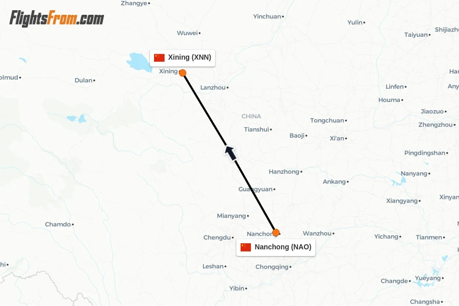 Flights from Nanchong to Xining route map